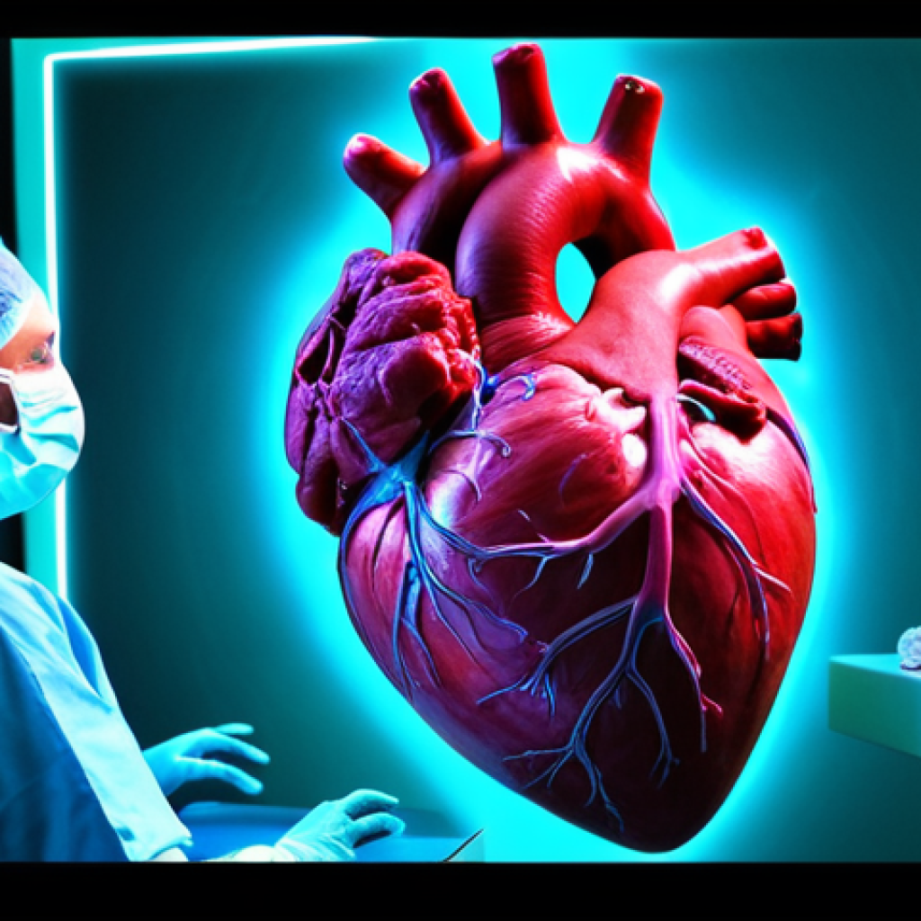 ** A vibrant, high-contrast hologram of a human heart, rotating mid-air in a brightly lit operating room. Medical professionals in scrubs are observing the hologram, highlighting the use of gesture control to zoom in on specific anatomical details.

**