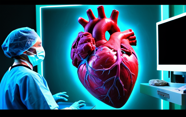 ** A vibrant, high-contrast hologram of a human heart, rotating mid-air in a brightly lit operating room. Medical professionals in scrubs are observing the hologram, highlighting the use of gesture control to zoom in on specific anatomical details.
**