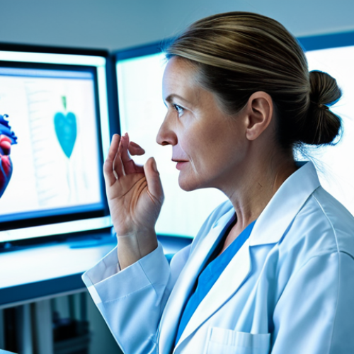 A focused female surgeon, middle-aged, with her hair neatly tied back, dressed in modest blue surgical scrubs and a white lab coat. She stands in a brightly lit, sterile medical simulation lab, intently studying a detailed, translucent, glowing 3D holographic model of a human heart that floats in the air before her. Her hand is gently raised near the projection, as if poised for interaction. The background features blurred, modern medical equipment. The image exhibits perfect anatomy, correct proportions, natural pose, well-formed hands, proper finger count, and natural body proportions. Professional photography, high quality, sharp focus, volumetric lighting, safe for work, appropriate content, fully clothed, professional.
