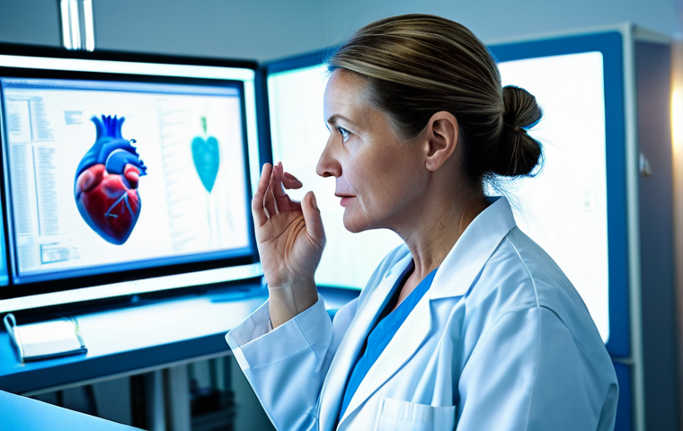 A focused female surgeon, middle-aged, with her hair neatly tied back, dressed in modest blue surgical scrubs and a white lab coat. She stands in a brightly lit, sterile medical simulation lab, intently studying a detailed, translucent, glowing 3D holographic model of a human heart that floats in the air before her. Her hand is gently raised near the projection, as if poised for interaction. The background features blurred, modern medical equipment. The image exhibits perfect anatomy, correct proportions, natural pose, well-formed hands, proper finger count, and natural body proportions. Professional photography, high quality, sharp focus, volumetric lighting, safe for work, appropriate content, fully clothed, professional.